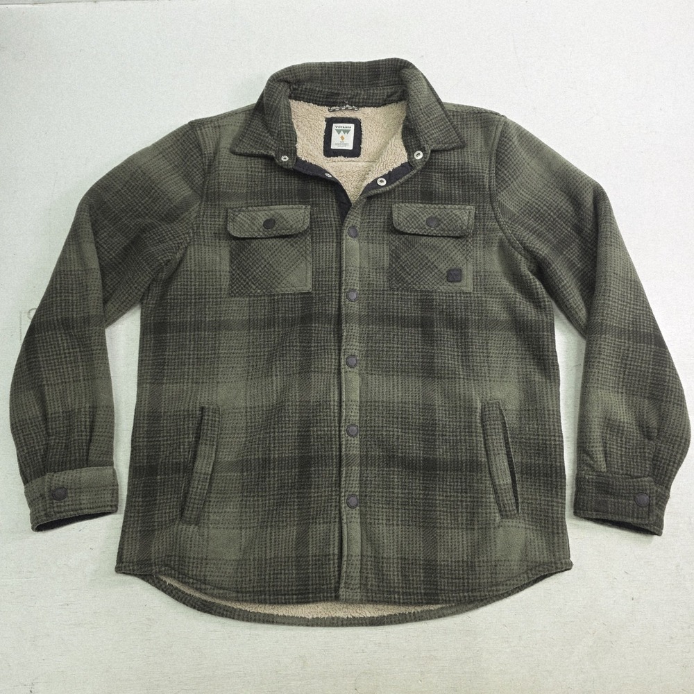 Voyager Mens Sz M Sherpa Lined Flannel Shirt Jacket Shacket Green Plaid EUC